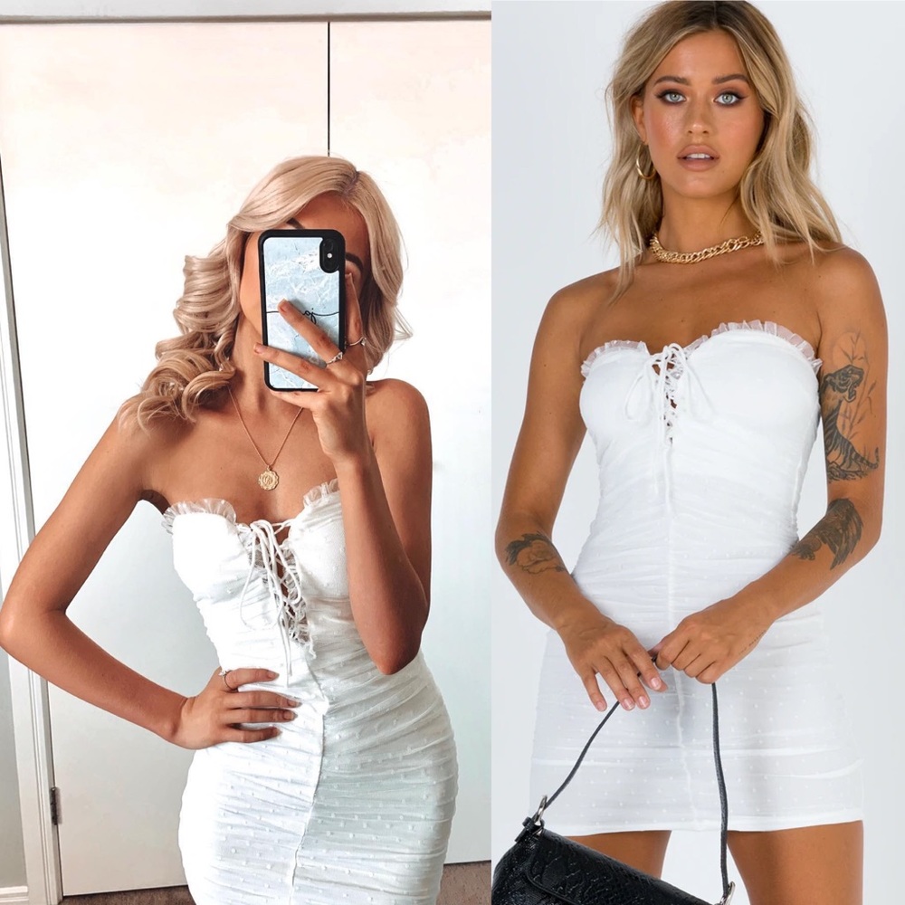 Princess Polly Ayesha White Ruched Polka Dot Ruched Lace Tie Bust Mini Dress - Picture 13 of 13